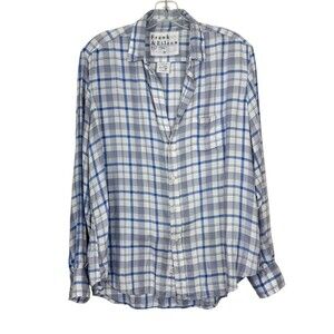 Frank & Eileen “EILEEN” Relaxed Plaid Button Up Shirt Women SZ M White Blue Gray